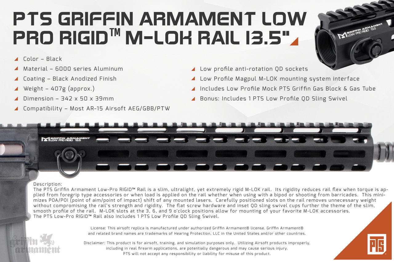 PTS GRIFFIN ARMAMENT LOW PRO RIGID™ M-LOK RAIL (8.6" / 13.5")