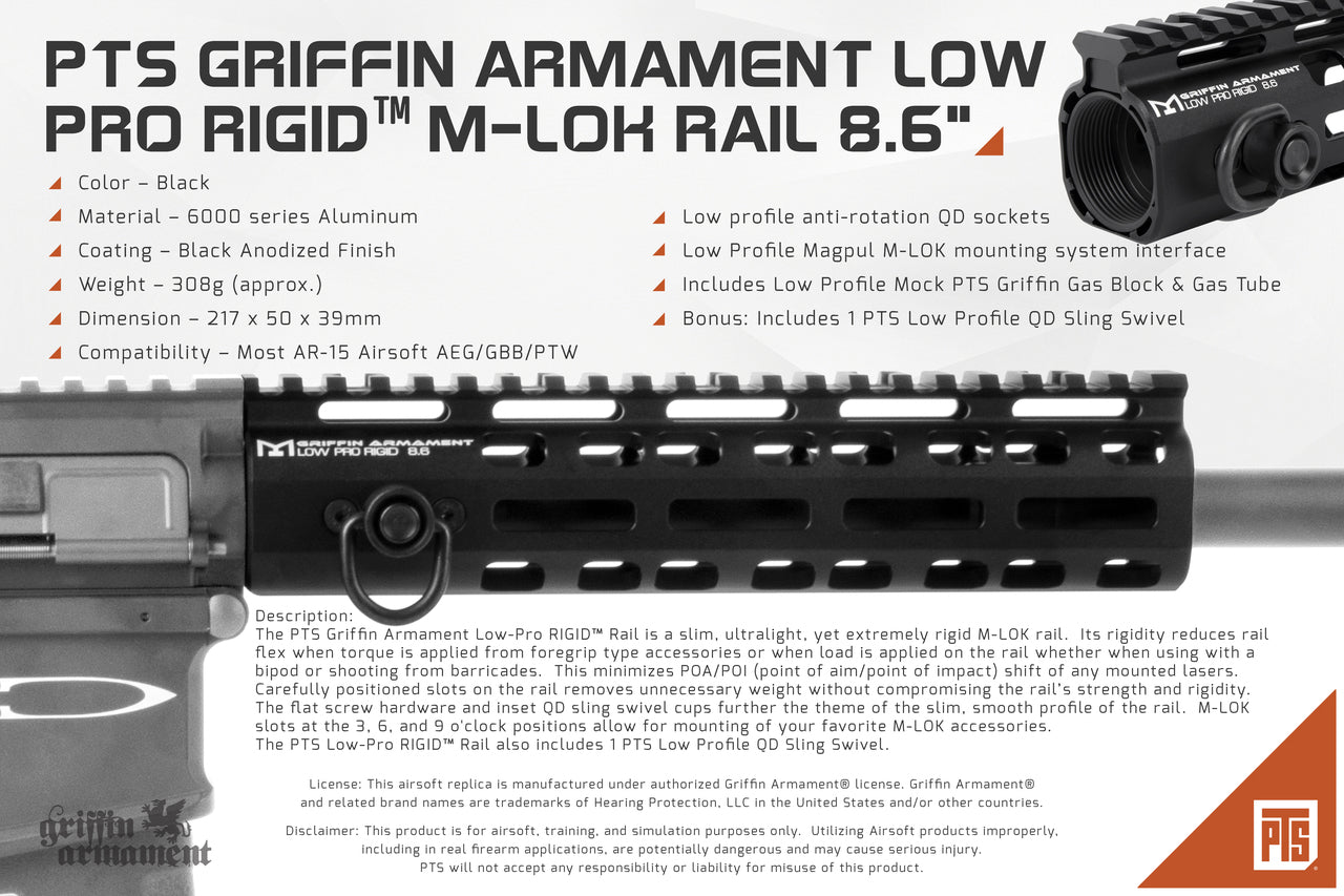 PTS GRIFFIN ARMAMENT LOW PRO RIGID™ M-LOK RAIL (8.6" / 13.5")