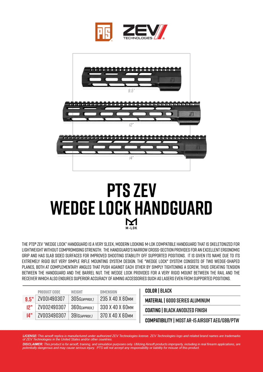 PTS ZEV WEDGE LOCK HANDGUARD (9.5 / 12 inch)